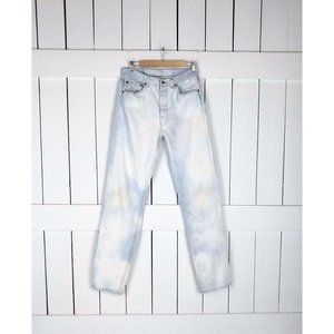 501 bleached button fly high rise straight leg denim jeans